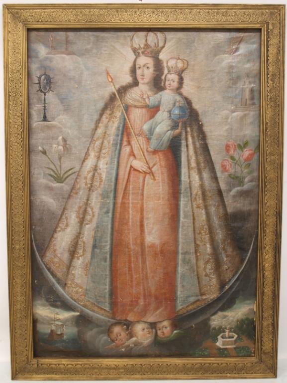 LARGE ANTIQUE RELIGIOUS OIL PAINTING, CUZCO SCHOOL - 2