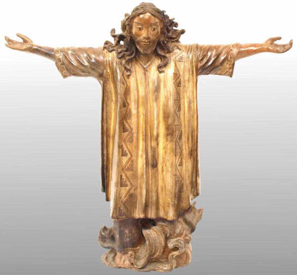 LARGE ANTIQUE RELIGOUS CHRIST FIGURE SOUTH AMERICA: Dramatic South American terracotta figure, c. 1920, of Christ with outstretched arms, tunic unusually decorated with Native American patterns, 39"h, 43.5"w, 10"d, 61lbs