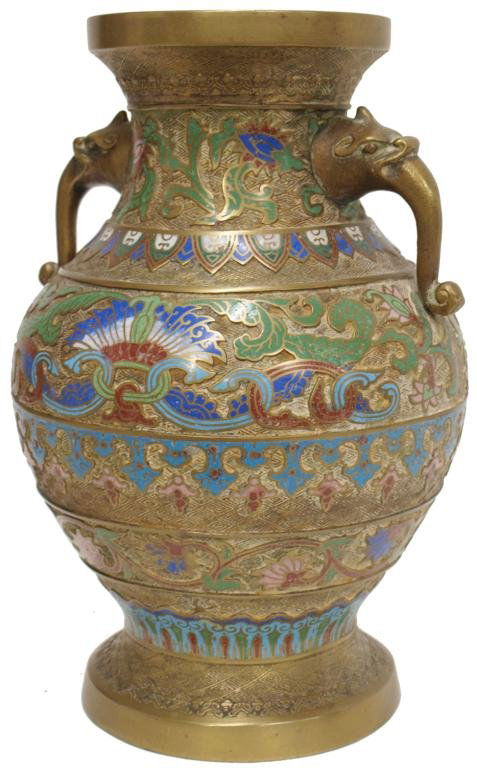LARGE JAPANESE GILT BRONZE CHAMPLEVE HANDLED VASE: Japanese gilt bronze champleve vase of bulbous form with colorful enamels in a foliate and decorative motif, on a patterned ground with figural handles, base incised Made in Japan, 14"h, 10"d, 9lbs