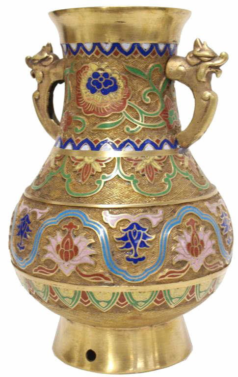 CHAMPLEVE ENAMEL DECORATED LAMP BASE: Champleve enamel decorated vase, now a lamp base, with figural handles and all over floral patterns, some pitting, 12.25"h, 9"d, 5.5lbs