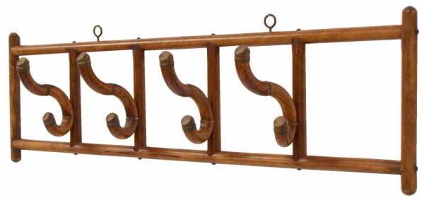 VINTAGE BELGIUM OAK & COPPER HAT / COAT RACK: Unique Belgium oak hat / coat rack having four swiveling hooks with copper caps, 11"h, 38"w, 6.5"d, 4lbs