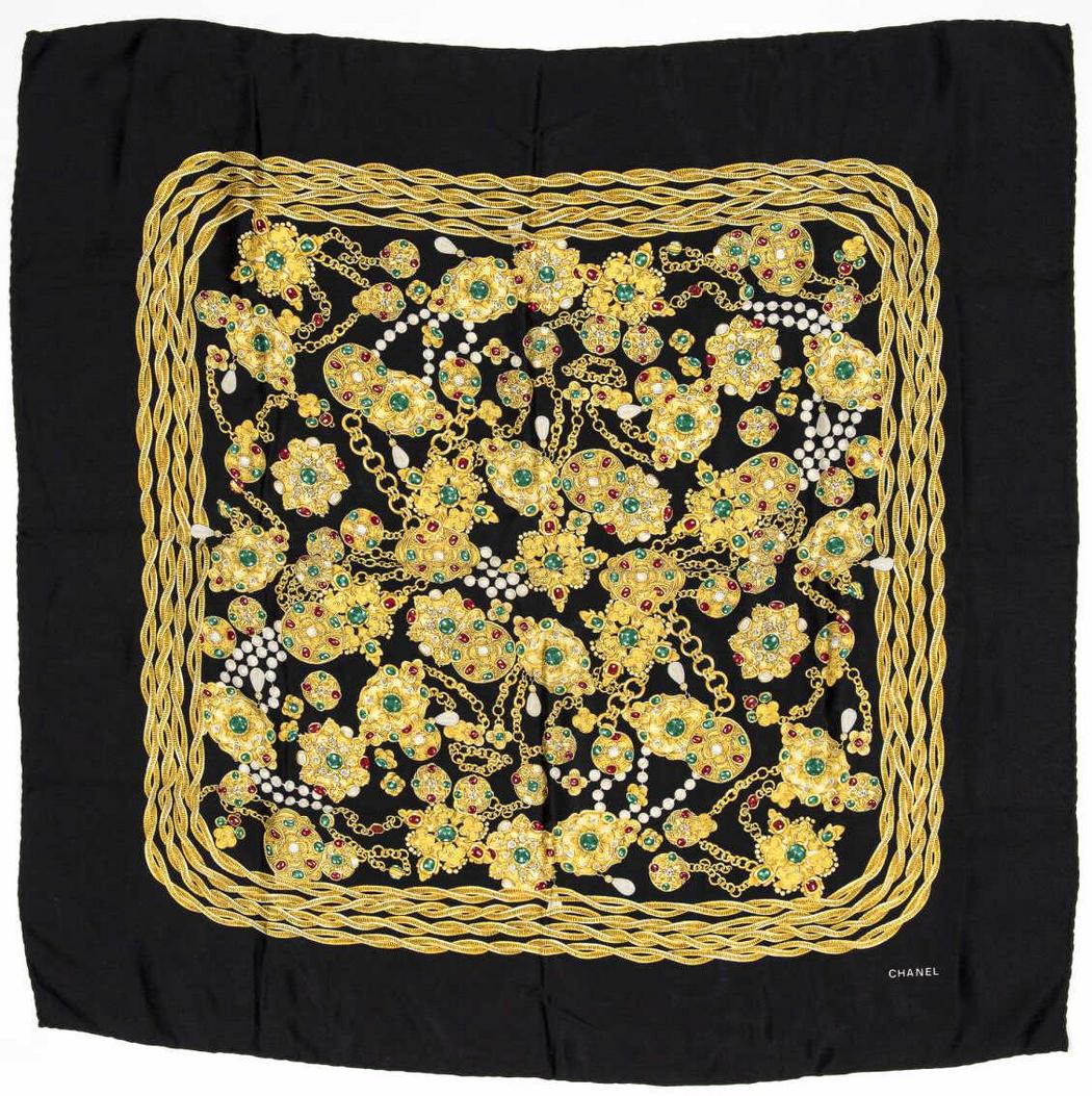 CHANEL PRINTED SILK SCARF, JEWEL MOTIFS (1 of 2)