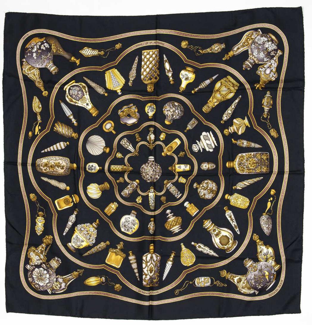 HERMES SILK TWILL SCARF, 'QU'IMPORTE LE FLACON' (1 of 2)