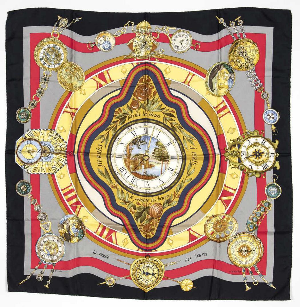 HERMES SILK TWILL SCARF, 'LA RONDE DES HEURES' (1 of 2)