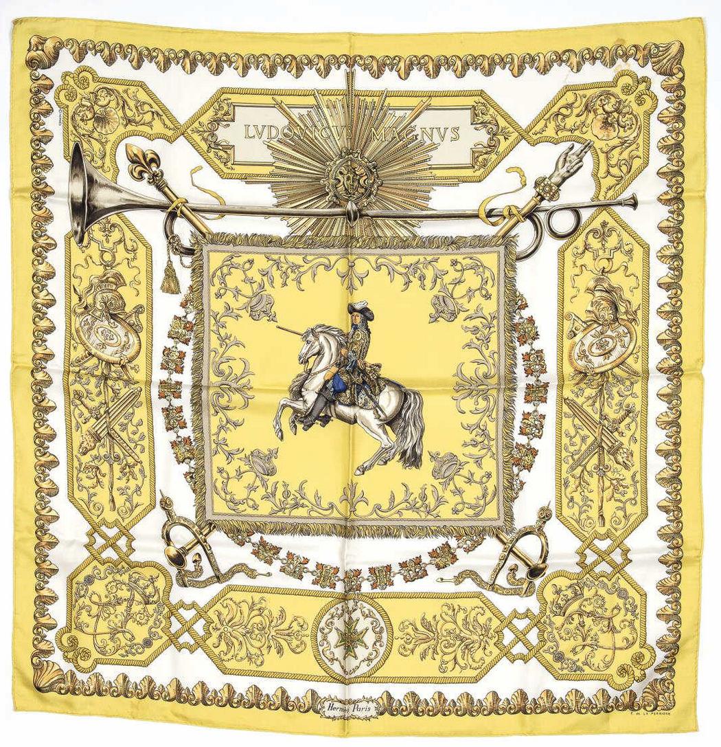 HERMES SILK TWILL SCARF, 'LUDOVICUS MAGNUS' (1 of 2)