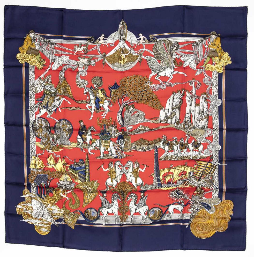 HERMES SILK TWILL SCARF, 'AU FIL DE LA SOIE' (1 of 2)