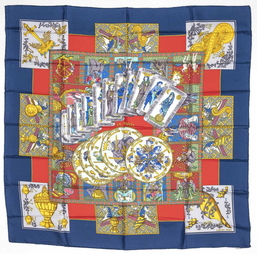 HERMES SILK TWILL SCARF, 'LE TAROT' ANNIE FAIVRE: Hermes silk twill scarf, "Le Tarot" pattern, original design by Annie Faivre, scarf: measurements for shipping purposes only - approx 35"l, 35"w, 0.25lbs *Provenance: Luxury goods are offered in partn