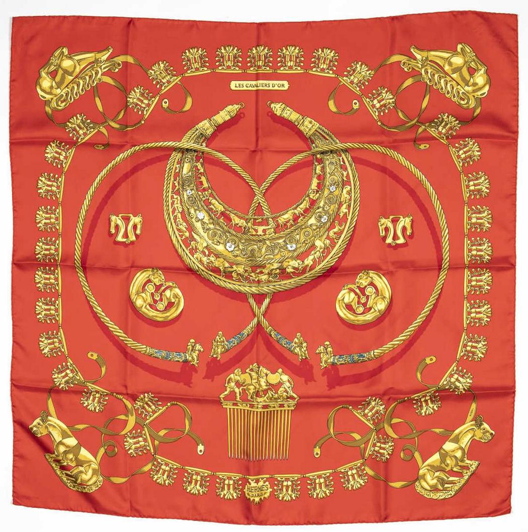 HERMES SILK TWILL SCARF, 'LES CAVALIERS D'OR' (1 of 2)