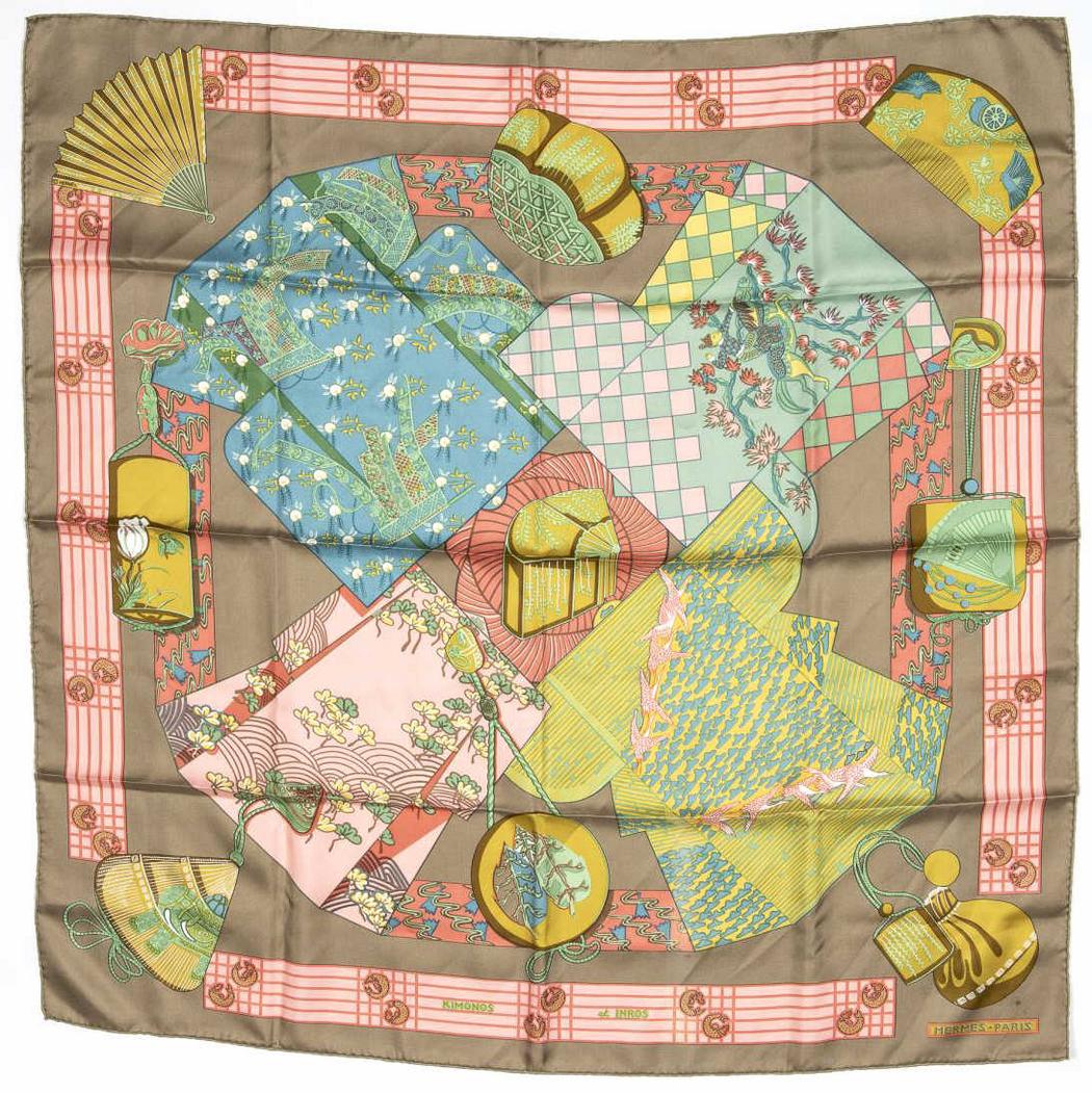 HERMES SILK TWILL SCARF, 'KIMONOS ET INROS' (1 of 2)