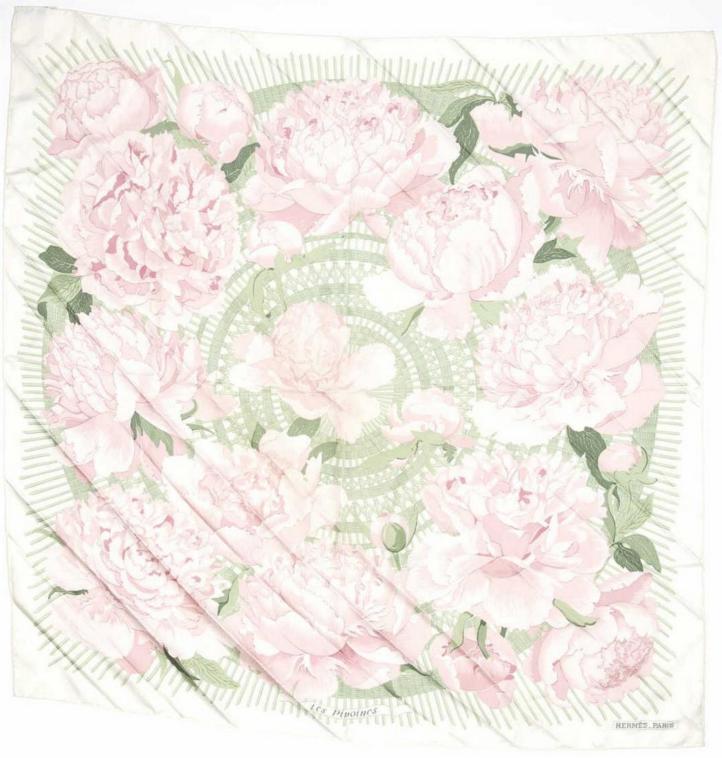 HERMES SILK TWILL SCARF, 'LES PIVOINES' (1 of 2)