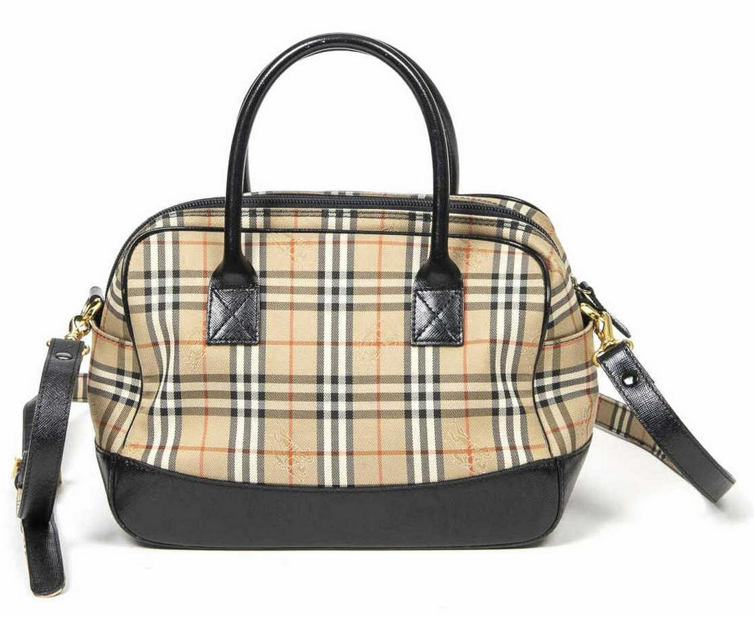 BURBERRY HAYMARKET CHECK HANDBAG: Burberry handle bag, in Haymarket check, with gold-tone hardware, black leather trim, dual rolled top handles, optional flat shoulder strap, zip closure at top, very slight scuffing and wear to leathe