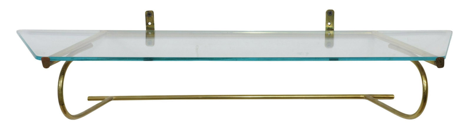 ITALIAN MID-CENTURY MODERN GLASS WALL SHELF: Italian mid-century modern wall shelf, c.1960s, angled colorless glass shelf over gilt metal curved tube frame, approx 4.25"h, 27"w, 8.25"d, 4.5lbs Start Price: $60.00