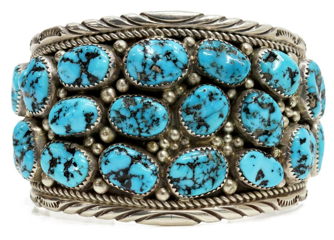 NATIVE AMERICAN STERLING & TURQUOISE CUFF BRACELET (1 of 5)