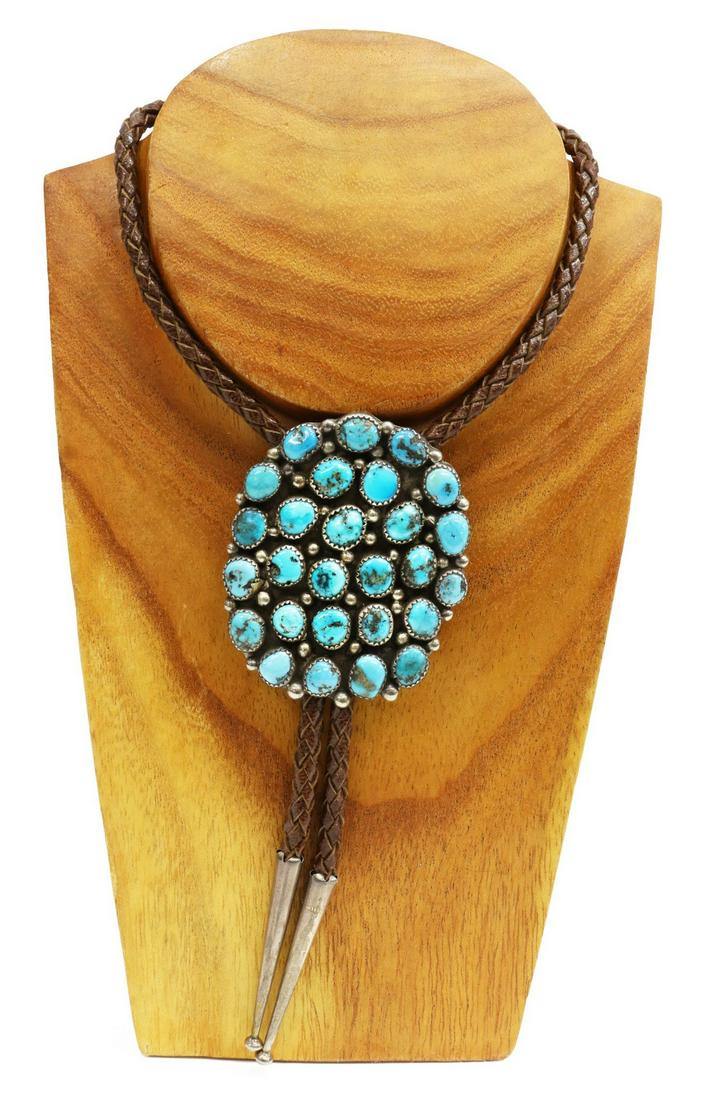 NATIVE AMERICAN SILVER & TURQUOISE BOLO TIE (1 of 4)