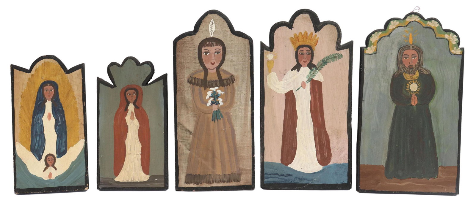 (5) CARMEN ROMERO VELARDE (B.1927) WOOD RETABLOS: (lot of 5) Southwest style acrylic on wood retablos, signed and titled at back Carmen Romero Velarde (Taos, New Mexico, b.1927), including: (1) Saint Jude; (1) Saint Barbara; (1) Kateri Tekakwitha; (1