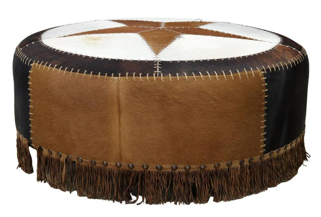 LARGE WESTERN CIRCULAR COWHIDE STAR OTTOMAN (1 of 3)