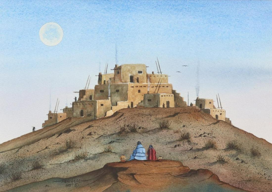 ART MENCHEGO (B.1950) PUEBLO MOON WATERCOLOR (1 of 4)