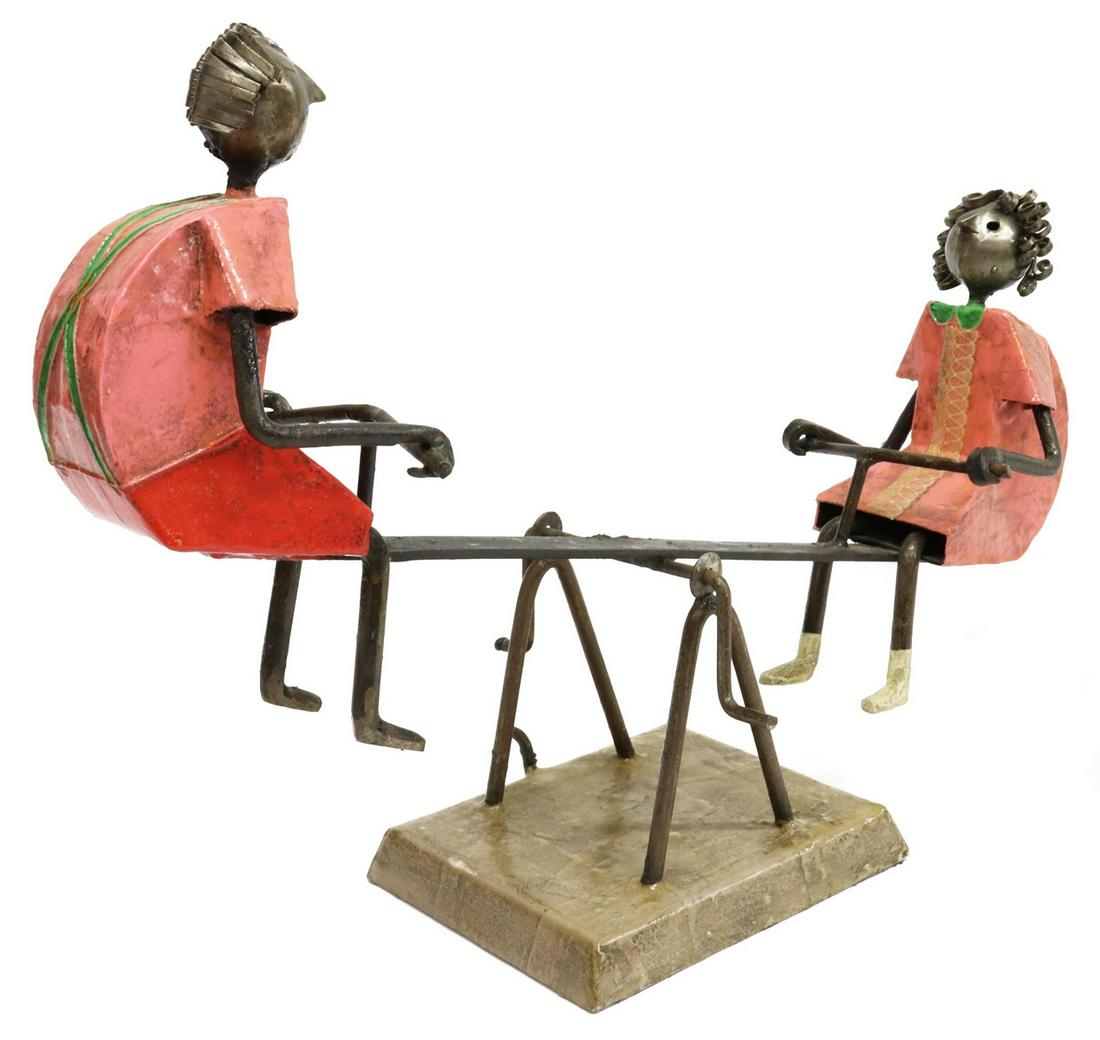 ARTE FELGUEREZ SEESAW PAINTED SCULPTURE: Painted papier mache and iron sculpture, Seesaw, Arte Felguerez, after the design by Manuel Felguerez (Mexico, b.1928), retaining original maker's and retailer's tags underfoot, approx 11"h, 16.25"w, 