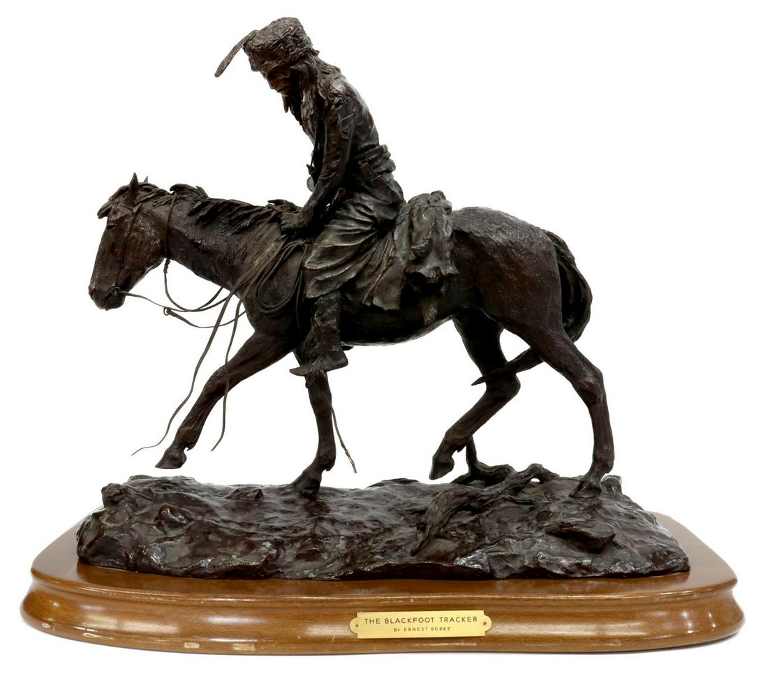 ERNEST BERKE (1921-2010) BLACKFOOT TRACKER BRONZE: Bronze sculpture, "The Blackfoot Tracker," signed in the cast Ernest Berke (Arizona, 1921-2010), dated 1955, numbered 34, deaccessioned from the Pearl Fincher Museum of Fine Arts, gift of The Contempo