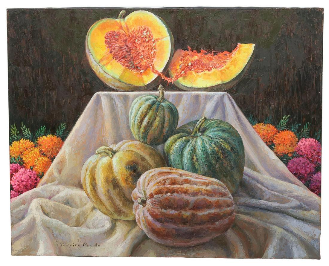 GONZALO TORRICO PRADO (1956-2015) STILL LIFE: Unframed oil on stretched canvas painting, "A Proposito de Noviembre" (Still Life with Squash and Marigolds), signed lower left Torrico Prado (Gonzalo Torrico Prado, Bolivian, 1956-2015), dated 2009 v