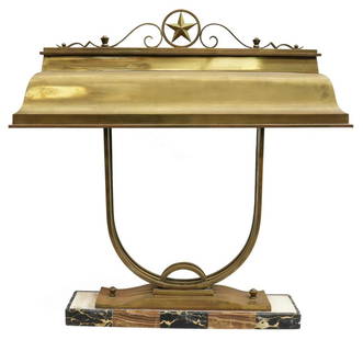 MICHEL DECOUX (1837-1924) ART DECO BANKER: Art Deco brass banker's lamp, Michel Decoux (Belgian, 1837-1924), c.1920s, shade with star emblem, on a marble base, signed on base, patination, in need of wiring, approx 29"h, 29.25"w, 7"d, 35.25lbs