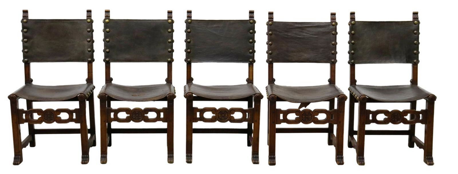 (5) SPANISH BAROQUE STYLE OAK LEATHER SIDE CHAIRS (1 of 3)