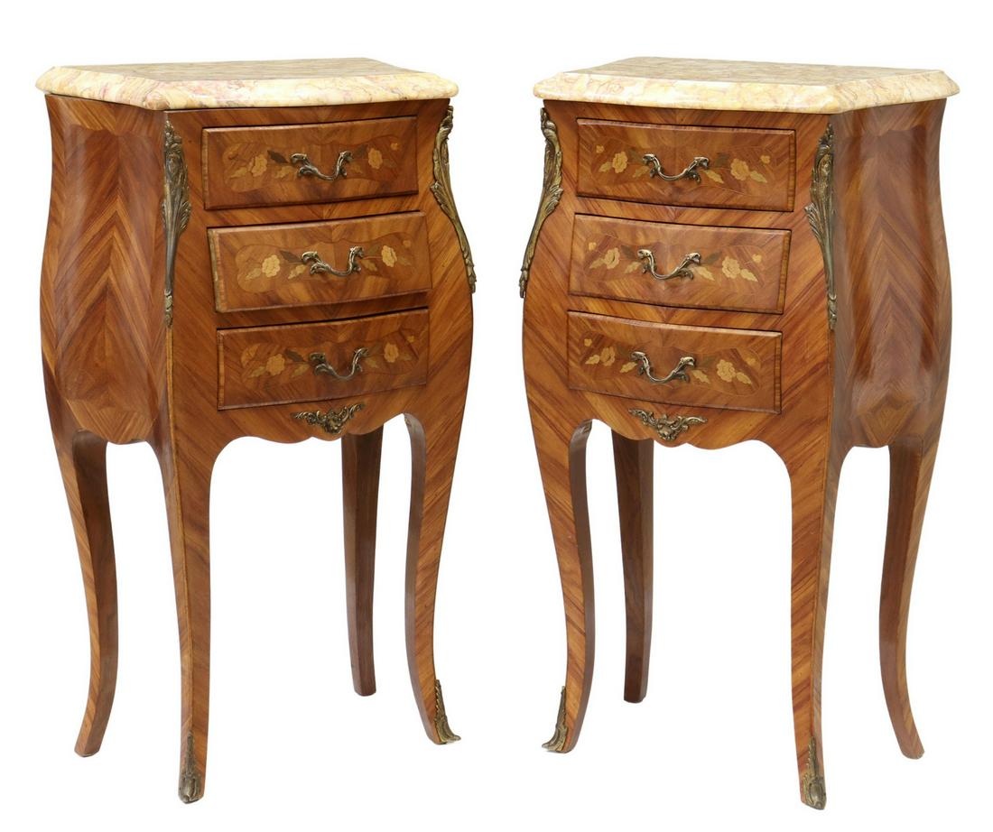 (2) FRENCH LOUIS XV STYLE MARBLE-TOP NIGHTSTANDS: (pair) French Louis XV style marble-top mahogany nightstands, 20th c., each having shaped marble top, over matched veneer case, fitted with three drawers, marquetry to front, foliate metal mounts, on 