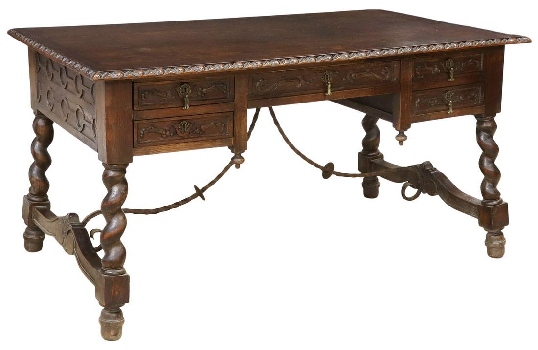 SPANISH RENAISSANCE REVIVAL CARVED OAK DESK (1 of 5)