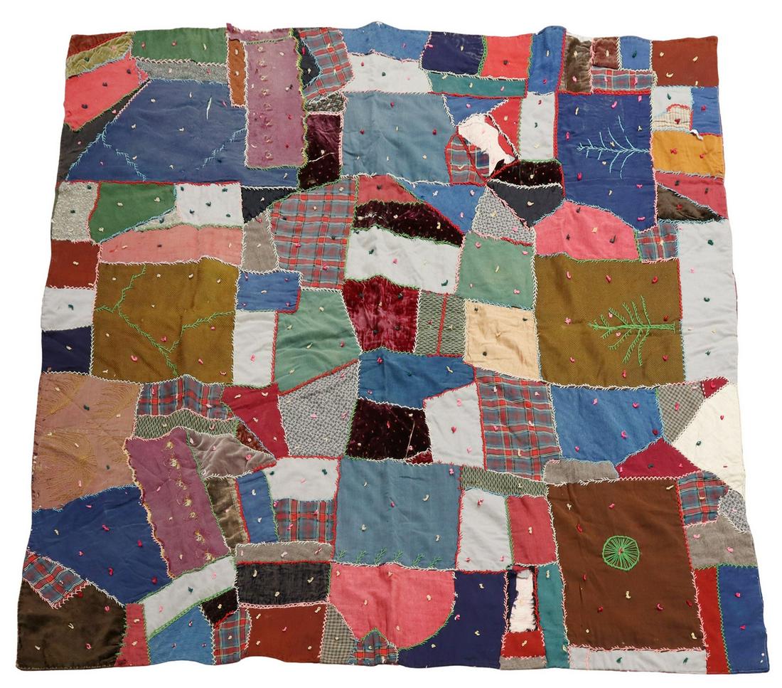 HAND-EMBROIDERED CRAZY QUILT, 71" X 71" (1 of 3)