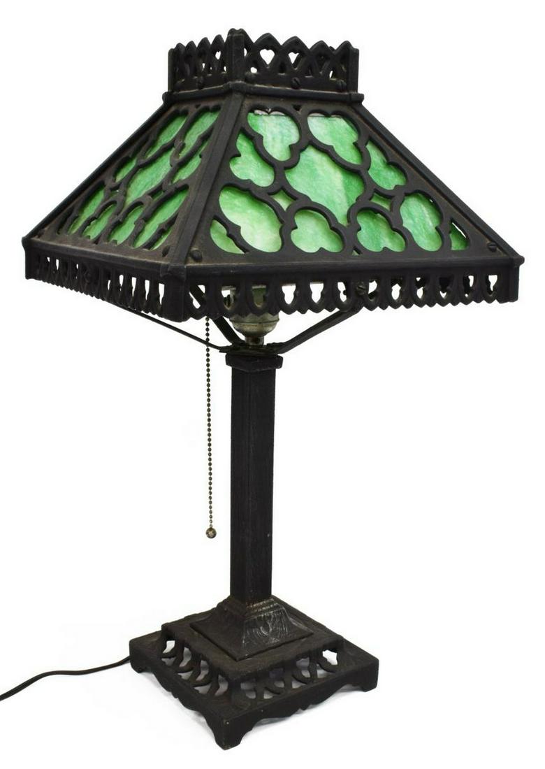 ARTS & CRAFTS MISSION ERA SLAG GLASS & IRON LAMP (1 of 5)