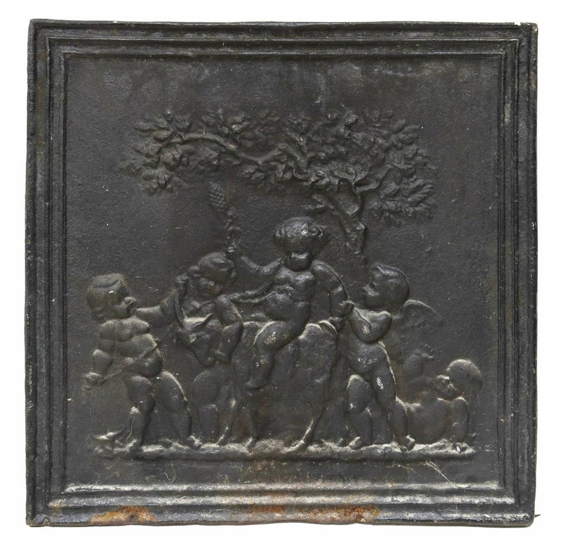 FRENCH CAST IRON FIREBACK PANEL PUTTI & GOAT (1 of 2)