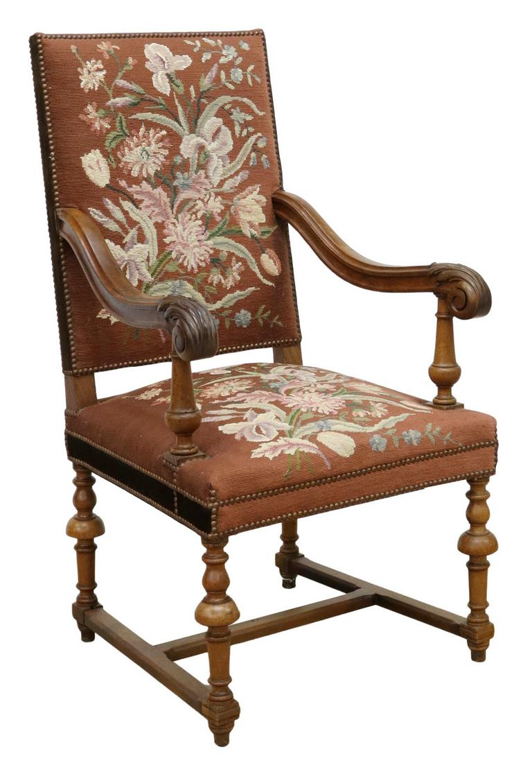 FRENCH HENRI II STYLE WALNUT NEEDLEPOINT FAUTEUIL (1 of 3)