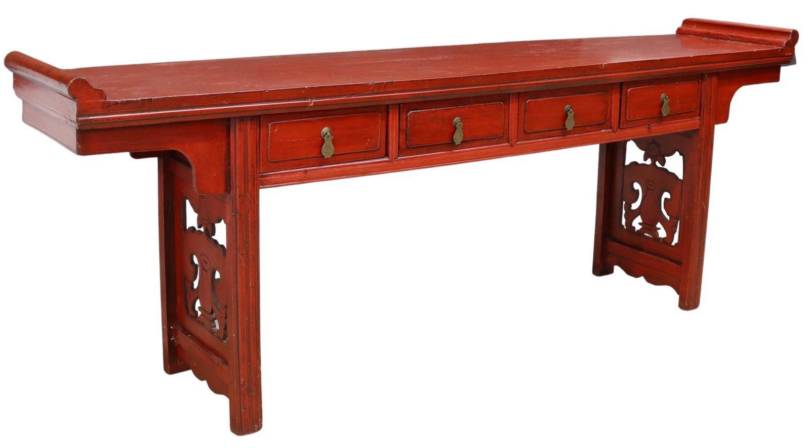 CHINESE RED LACQUER LONG ALTAR TABLE, 95"L (1 of 4)