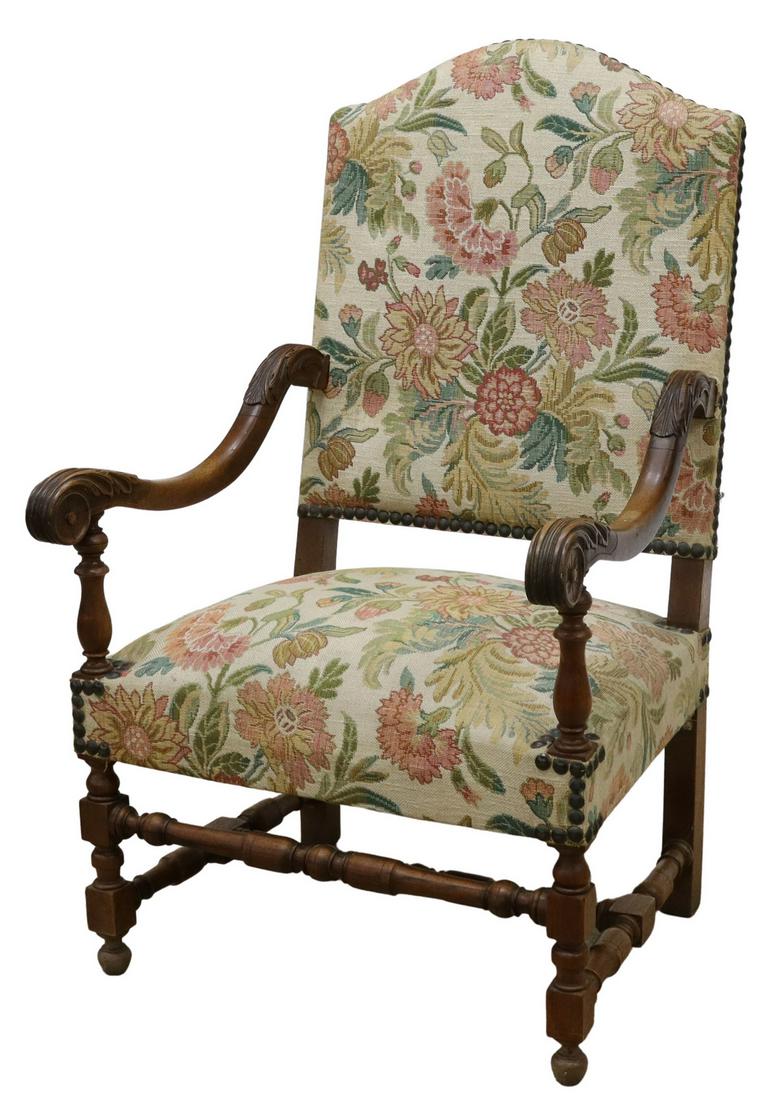 FRENCH LOUIS XIII STYLE WALNUT HIGHBACK FAUTEUIL (1 of 3)