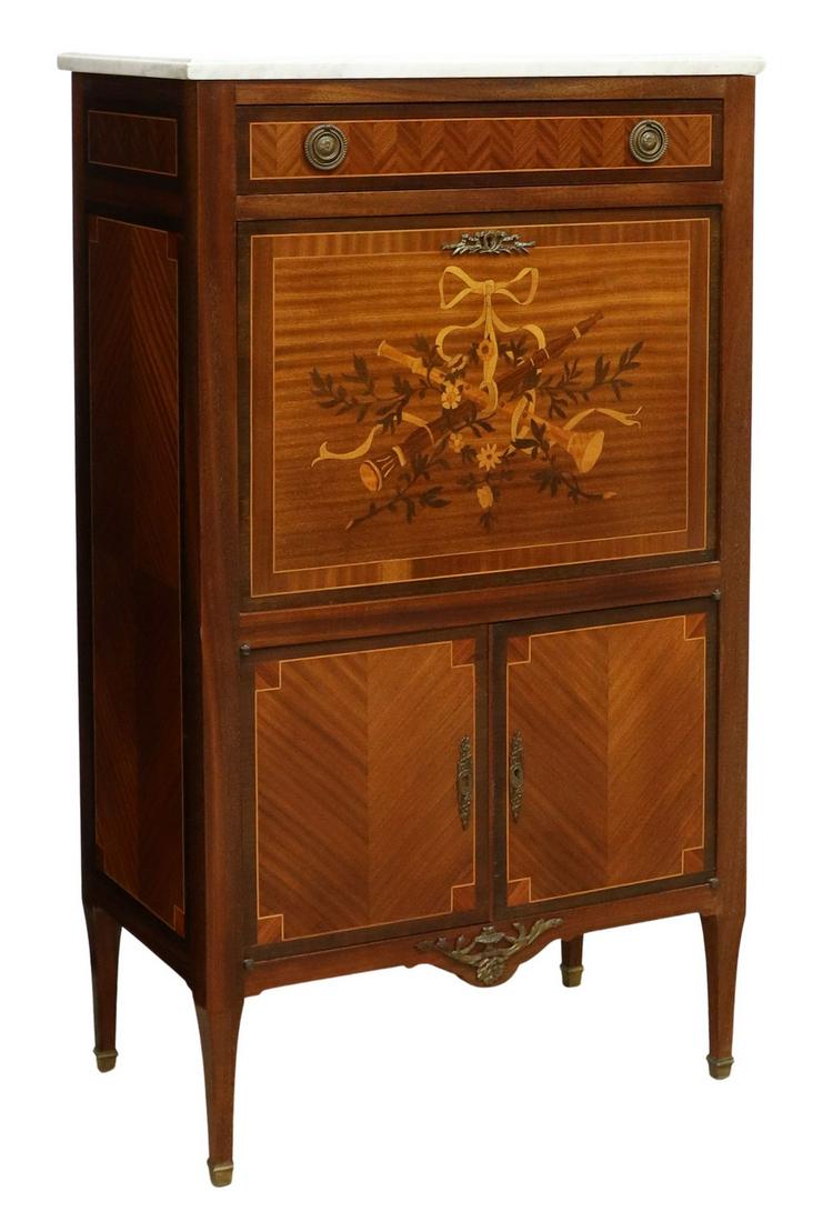 LOUIS XVI STYLE MARBLE-TOP SECRETAIRE ABATTANT: French Louis XVI style marble-top mahogany secretaire a abattant, 20th c., rectangular marble-top, over matched veneer case, fitted with frieze drawer, over marquetry drop-front door, interior gallery