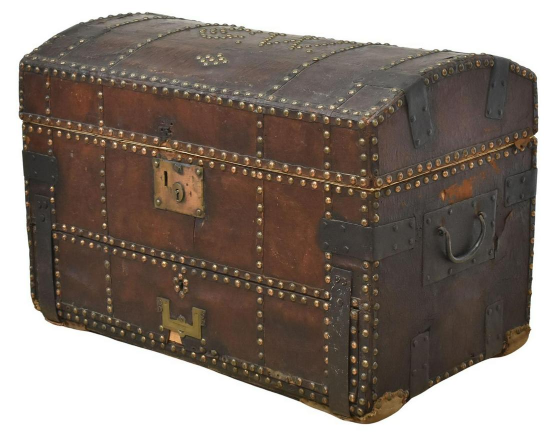 LEATHER-CLAD PINE DOME TOP TRUNK W/ BRASS TACKS (1 of 5)