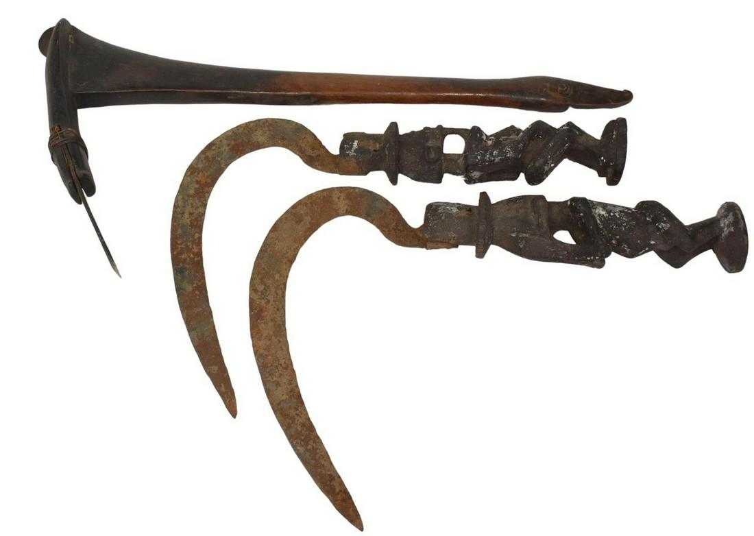 (3) DOGON FIGURAL SCYTHES & TROBRIAND ISLANDS ADZE (1 of 2)