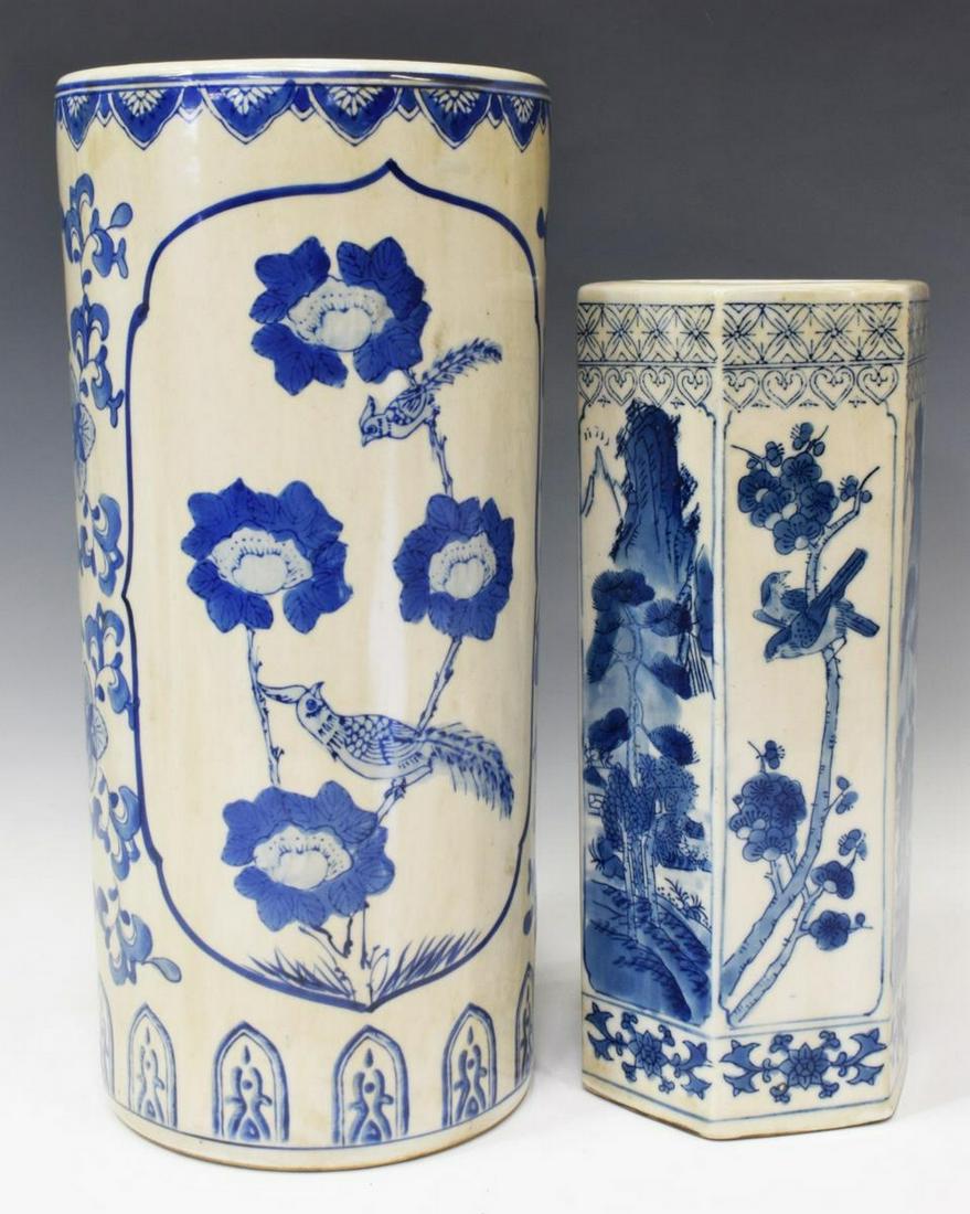 (2) CHINESE BLUE AND WHITE PORCELAIN HAT STANDS: (lot of 2) Chinese blue and white porcelain hat stands, each with reserves featuring birds and landscape motifs, with floral accents throughout, including: (1) hexagonal form, approx 12.5"h, 5.5"diam;