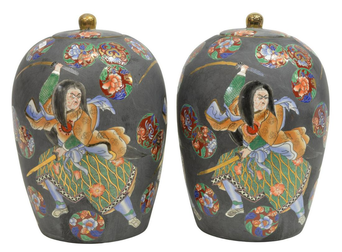 (2) ASIAN IMAN DESIGN KABUKI SAMURAI MELON JARS (1 of 4)