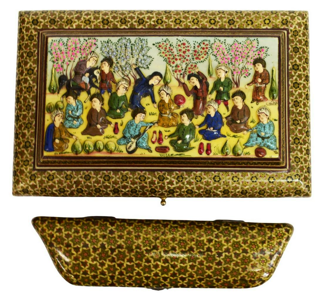 (2) PERSIAN FIGURAL DECORATED & INLAID BOXES (1 of 8)