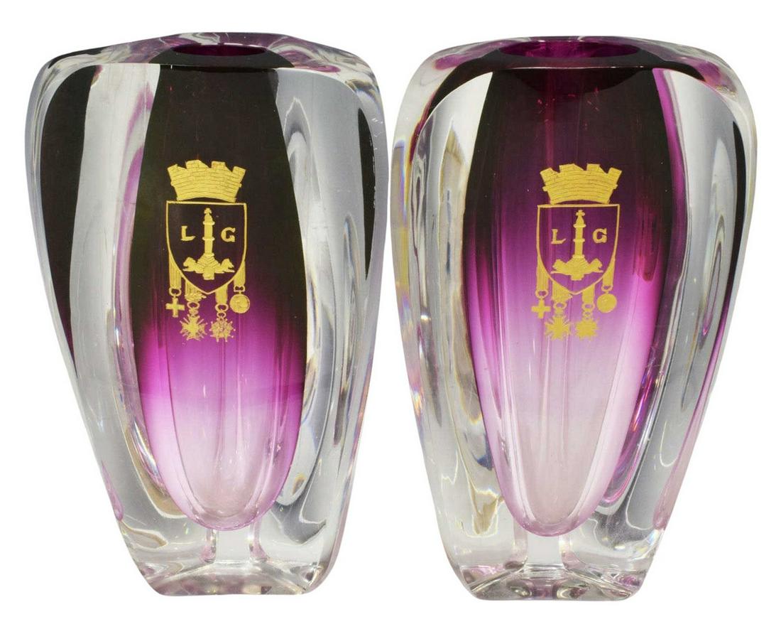 (2) VAL SAINT LAMBERT GILT CREST ART GLASS VASES (1 of 9)