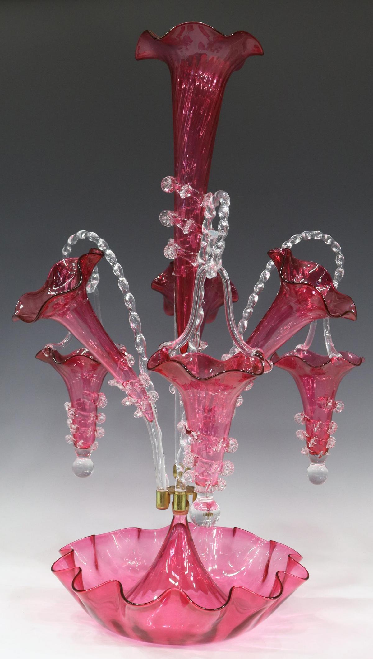 VICTORIAN CRANBERRY ART GLASS EPERGNE CENTERPIECE (1 of 3)