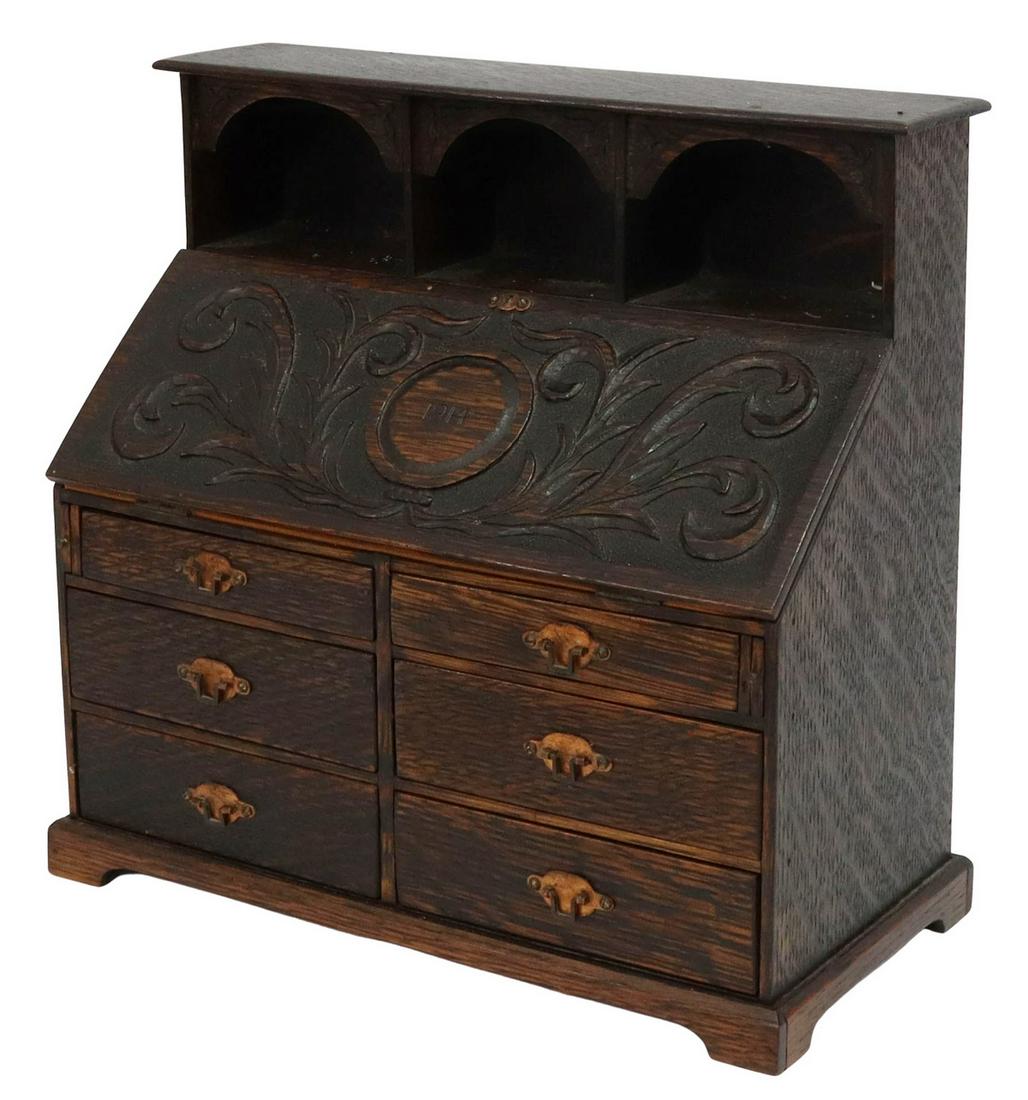 ENGLISH MINIATURE OAK SLANT-FRONT BUREAU, C.1914 (1 of 4)