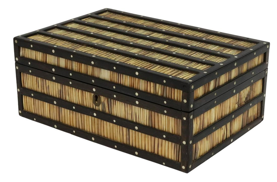 ANGLO-INDIAN EBONIZED PORCUPINE QUILL FITTED BOX: Anglo-Indian ebonized porcupine quill box, late 19th c., rectangular hinged box with wood strapping, inlaid bone accents, opening to fitted interior with removable tray, approx 5"h, 12"w, 8.25"d, 5.5l