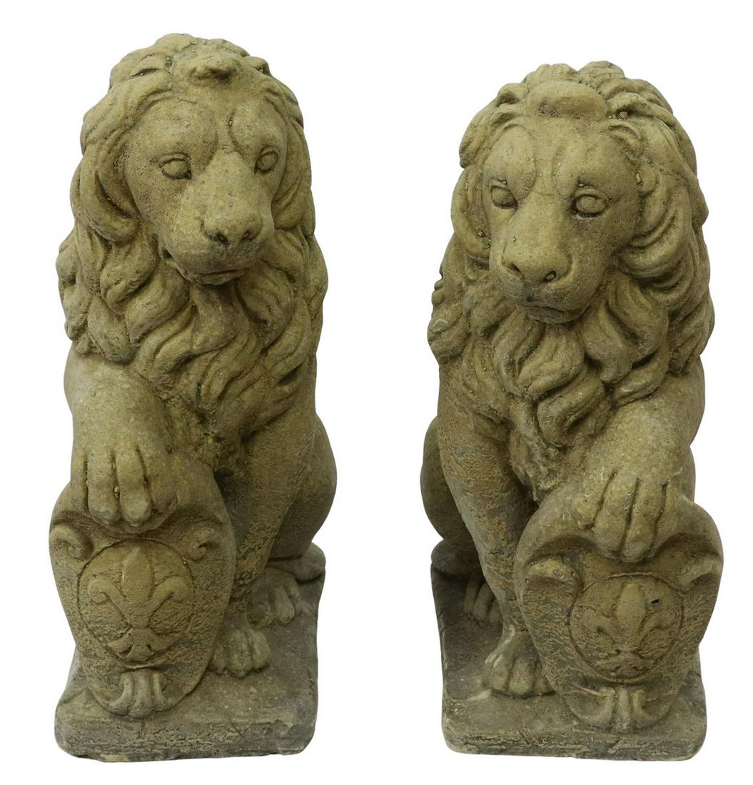 (2) CAST STONE SEATED LIONS W/ FLEUR-DE-LIS SHIELD (1 of 3)