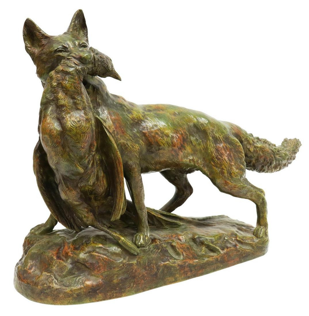 EMILE TRUFFOT (1843-1896) BRONZE FOX & PHEASANT (1 of 5)