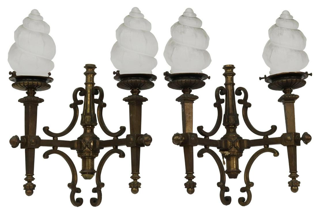 (2) FRENCH BRASS & GLASS SHELL 2-LIGHT SCONCES (1 of 1)