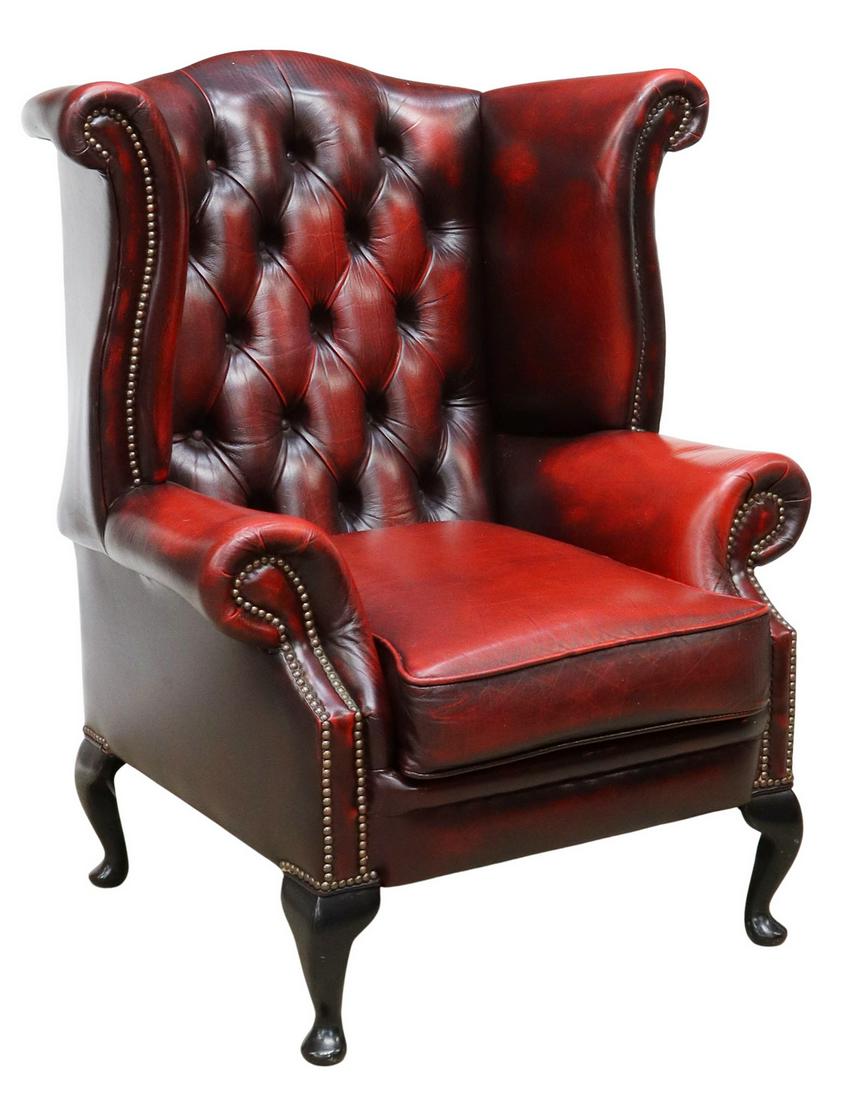 QUEEN ANNE STYLE RED LEATHER WINGBACK ARMCHAIR (1 of 4)
