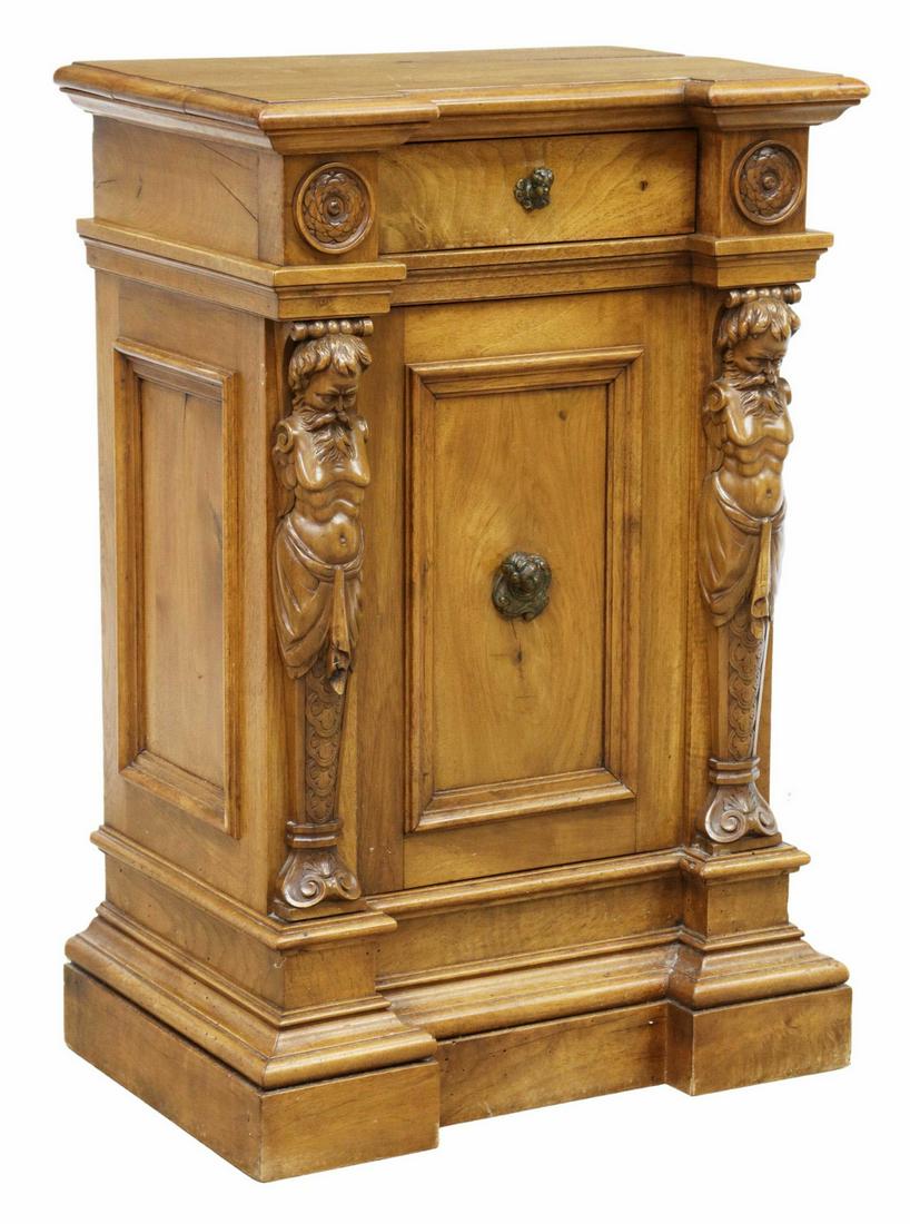ITALIAN RENAISSANCE REVIVAL WALNUT BEDSIDE CABINET: Italian Renaissance Revival walnut bedside cabinet, Pompeo Toniutti, Bologna, late 19th/ early 20th c., shaped top over single drawer and cabinet door, opening to interior shelf, flanked by rosettes a