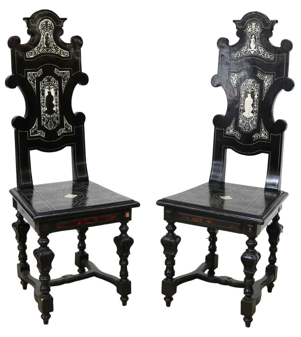 (2) ITALIAN RENAISSANCE REVIVAL BONE-INLAID CHAIRS: (pair) Italian Renaissance Revival ebonized chairs, mid 19th c., shaped back, positive and negative bone inlay, including grotesques, Athena, central splat with nobleman holding heraldic sheild with l